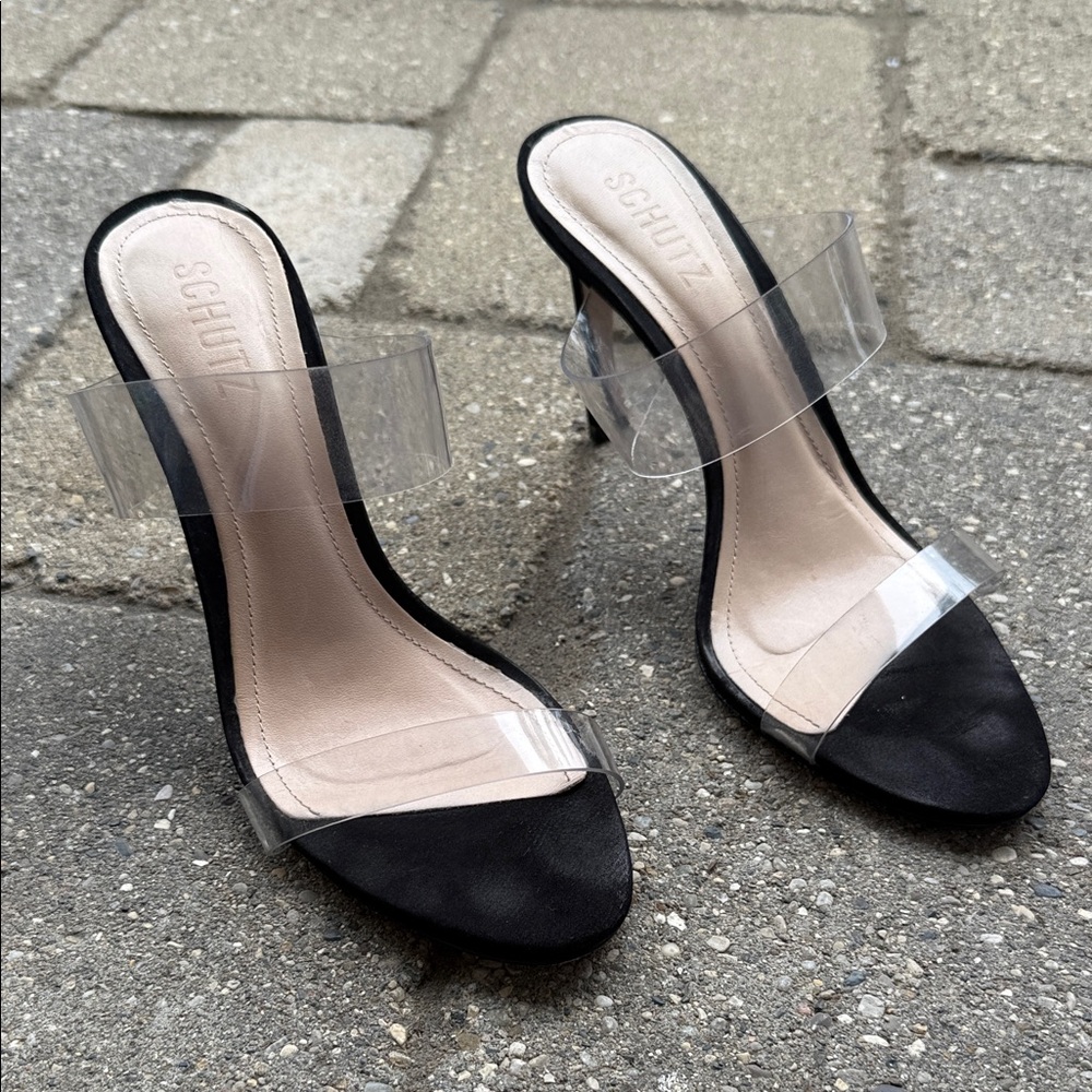 SCHUTZ Ariella Black Heels with Clear Straps